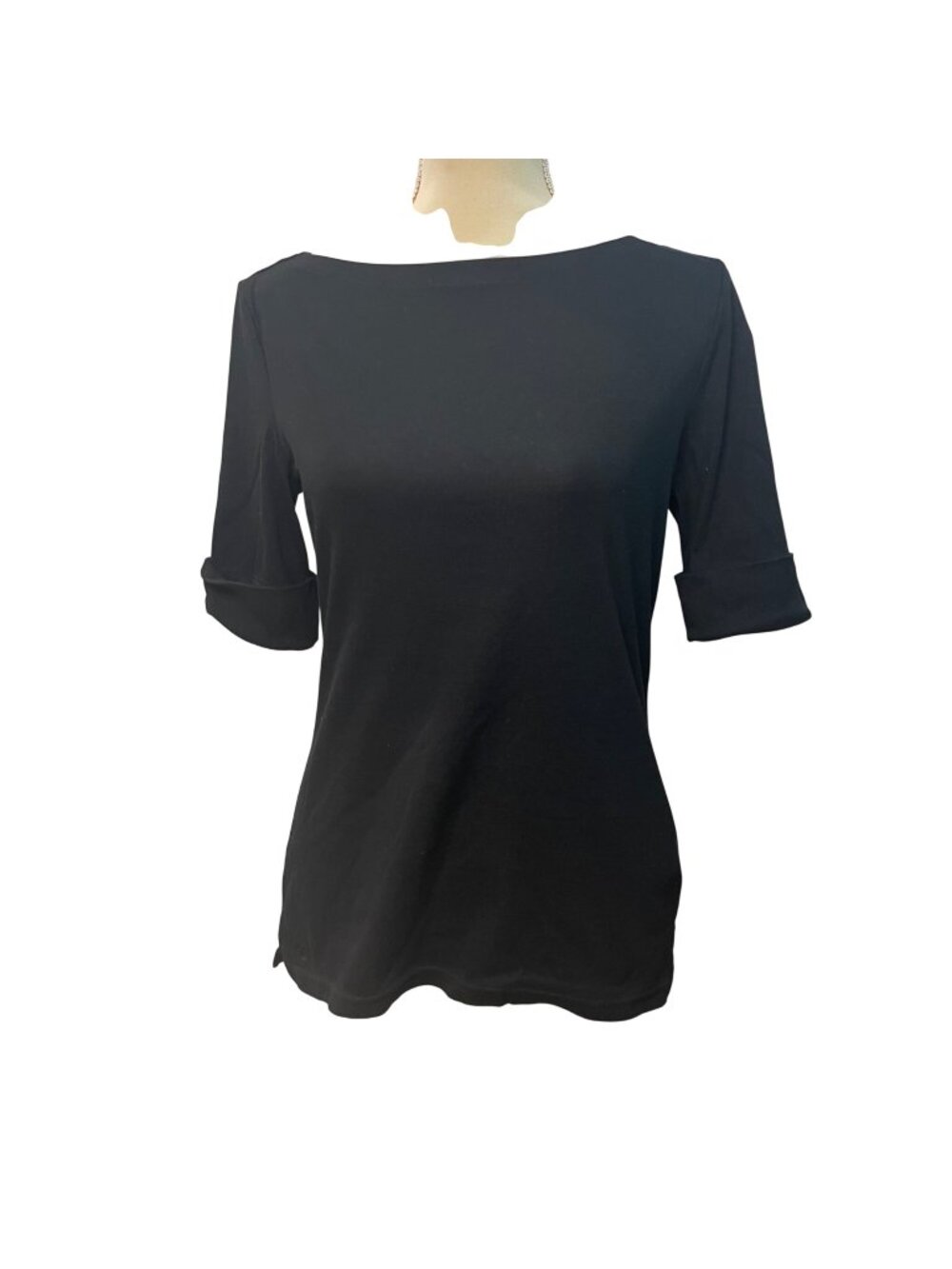 Lauren Ralph Lauren Knit Top Women's Size Medium Black Elbow Sleeves Cotton